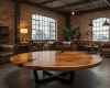 An oversized, round suar coffee tabletop with striking, kintsugi-style black inlays tracing through its swirling wood grain.