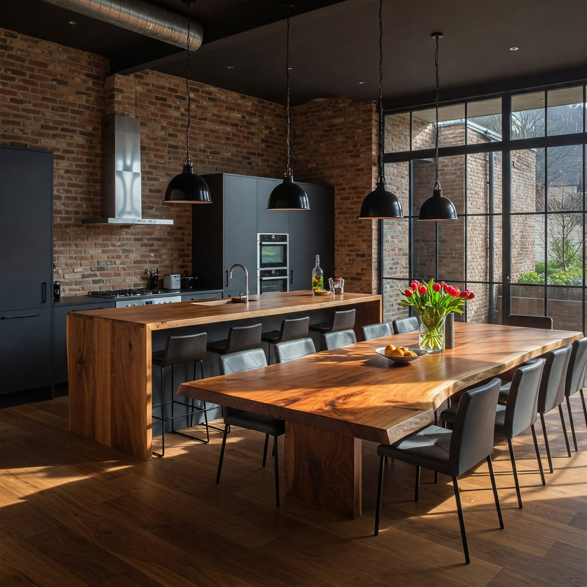 Luxury industrial kitchen featuring a live edge suar wood dining table, a matching waterfall island, minimalist black cabinets, and an exposed brick wall.