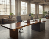 A grand, executive live edge desk with a seamless waterfall leg, the statement piece in a spacious, luxury office.