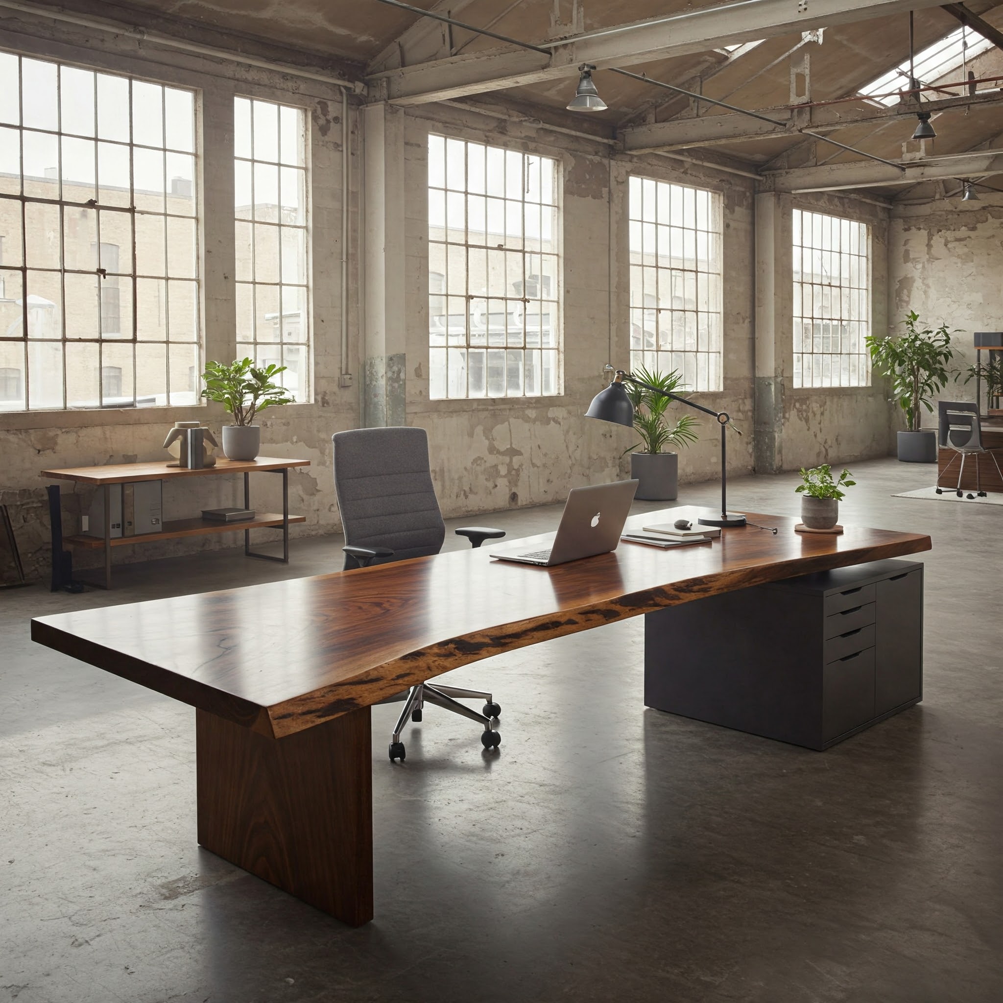 A grand, executive live edge desk with a seamless waterfall leg, the statement piece in a spacious, luxury office.