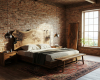 A luxury rustic bedroom's focus is a bespoke live edge bed with a wide, one-of-a-kind suar wood headboard.