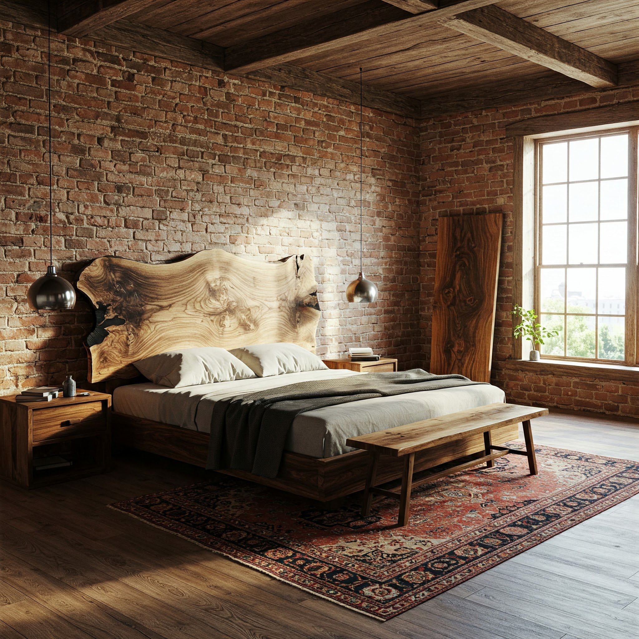 A luxury rustic bedroom's focus is a bespoke live edge bed with a wide, one-of-a-kind suar wood headboard.
