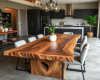 Thick, single-slab live edge suar dining tabletop with a rich wood grain and natural, undulating edges.
