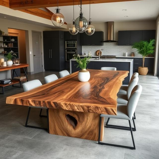 Thick, single-slab live edge suar dining tabletop with a rich wood grain and natural, undulating edges.
