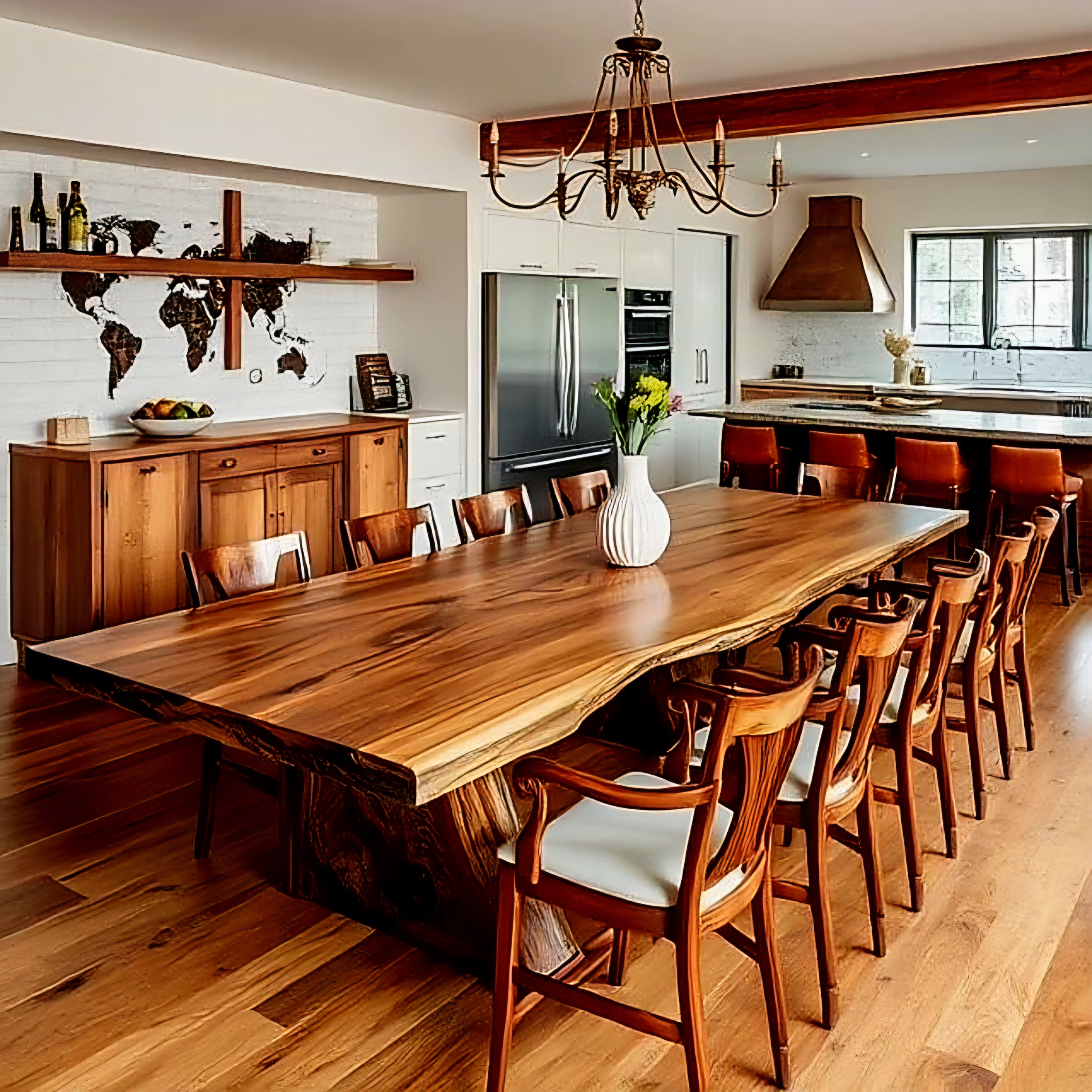 Long single-slab live edge suar dining tabletop with a rich, wavy wood grain and organic, natural edges.