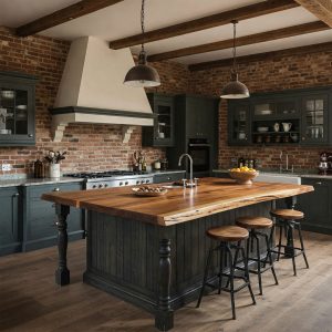 A luxury rustic-industrial kitchen's focal point is a thick, character-rich live edge island with a suar wood top.
