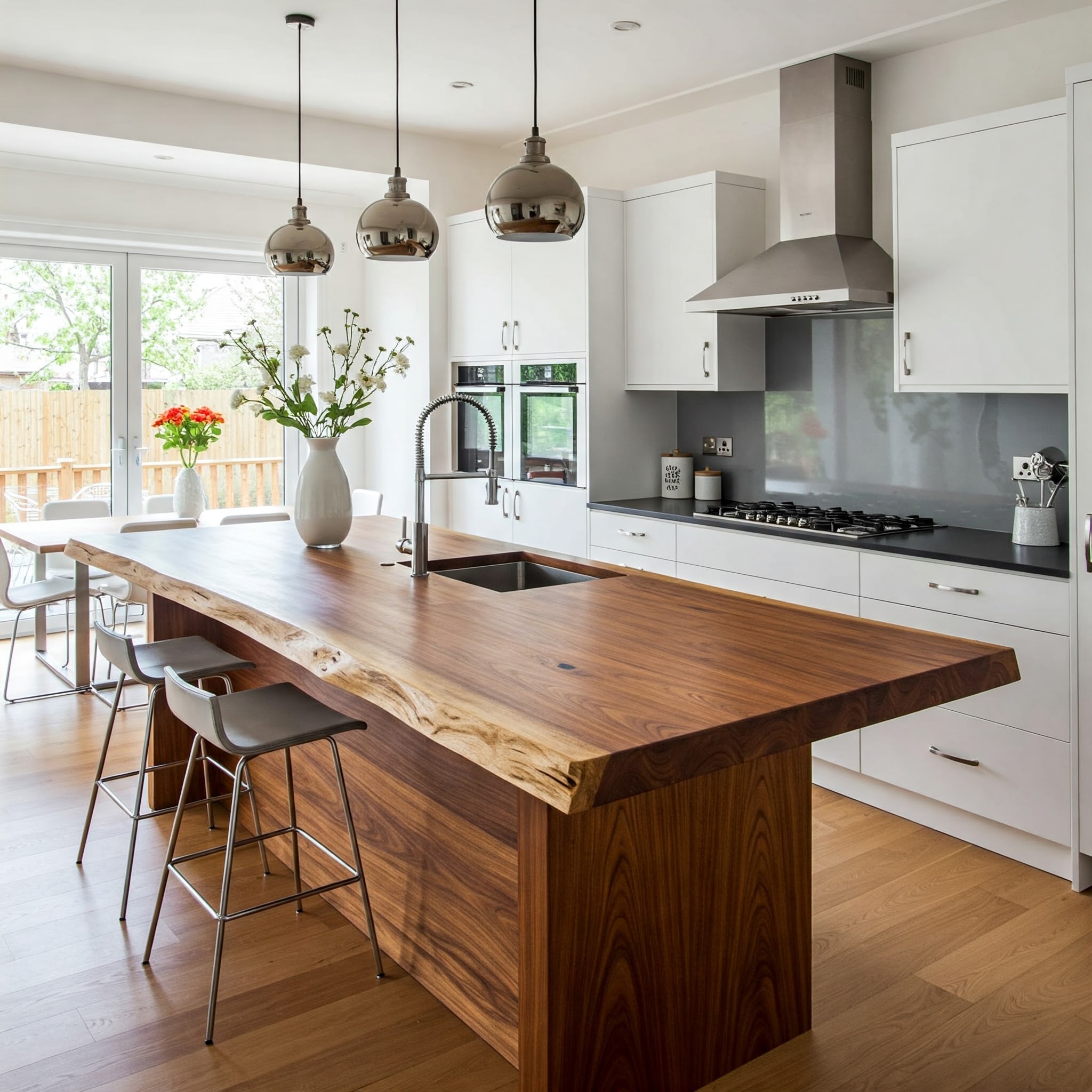 Modern luxury kitchen with a live edge suar wood waterfall island and sleek, minimalist white cabinets.