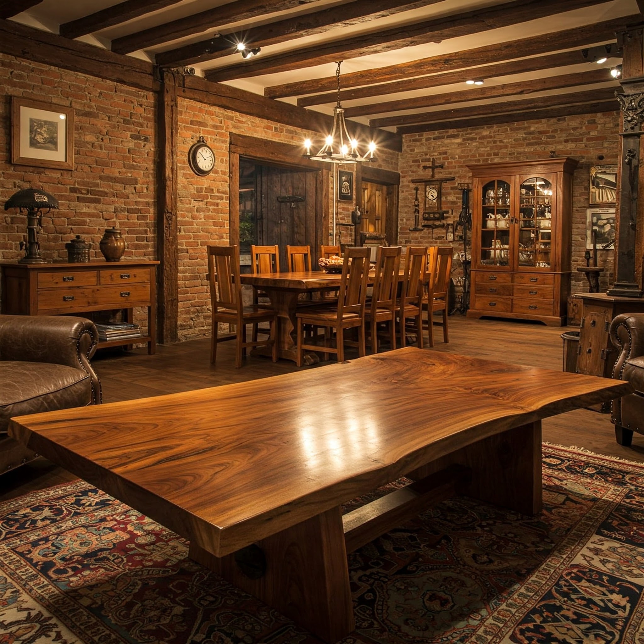 A single-slab living room table with a warm, ribbon-like wood grain, polished to a deep, mirror-like lustre.