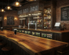 The warm, authentic pub atmosphere is set by a stunning live edge bar and cozy, traditional wooden tables.
