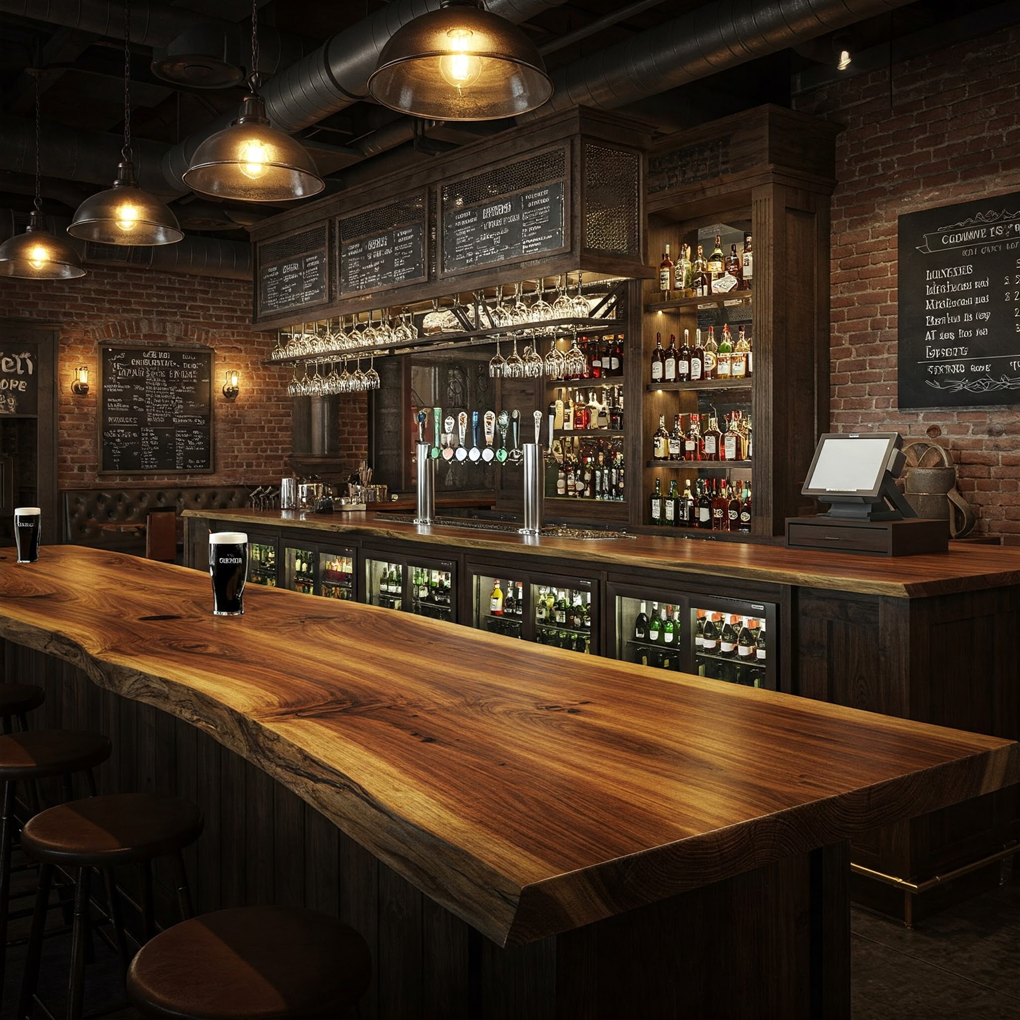 The warm, authentic pub atmosphere is set by a stunning live edge bar and cozy, traditional wooden tables.