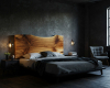 A handcrafted live edge suar wood bed creates a warm, organic focal point in this moody, modern luxury bedroom.