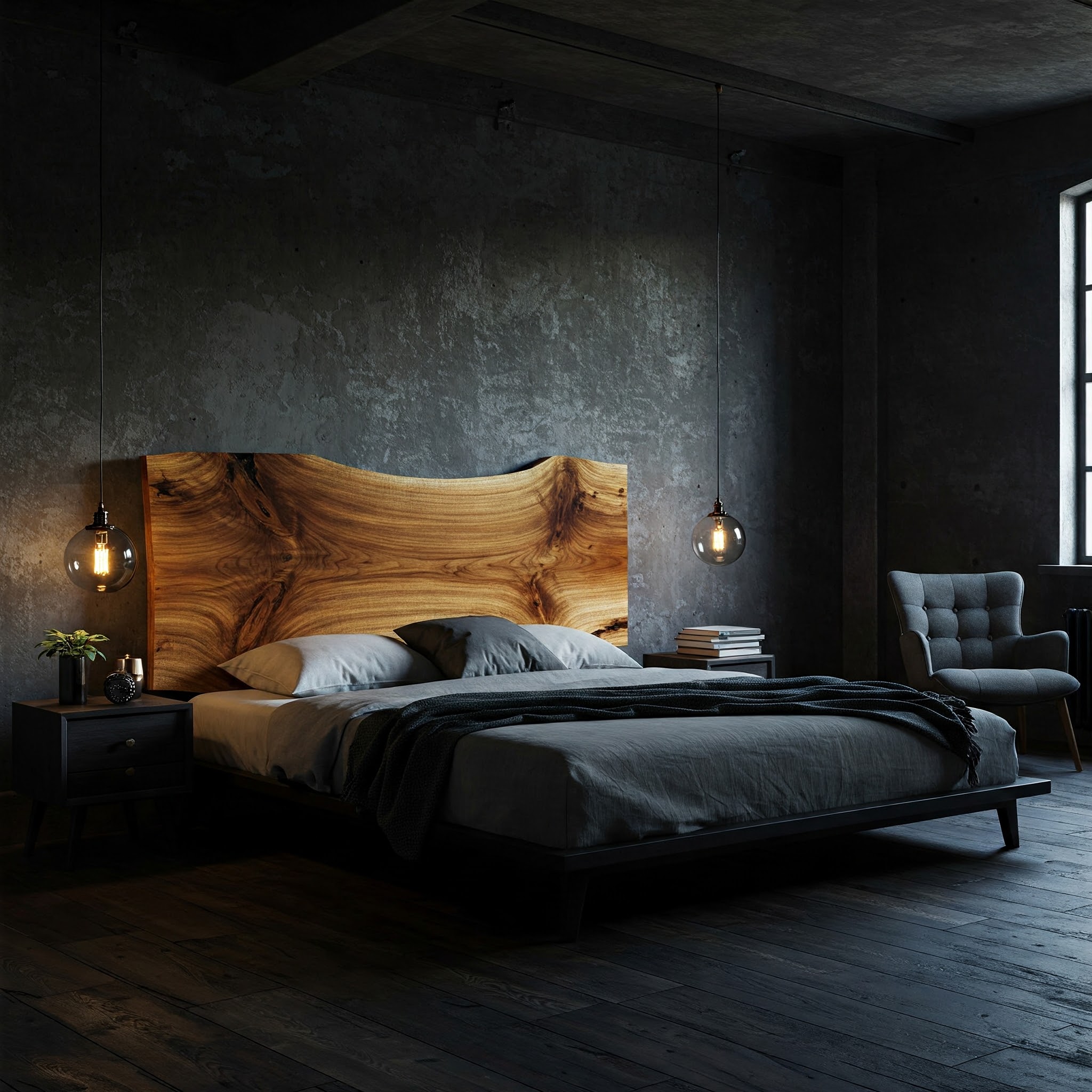 A handcrafted live edge suar wood bed creates a warm, organic focal point in this moody, modern luxury bedroom.