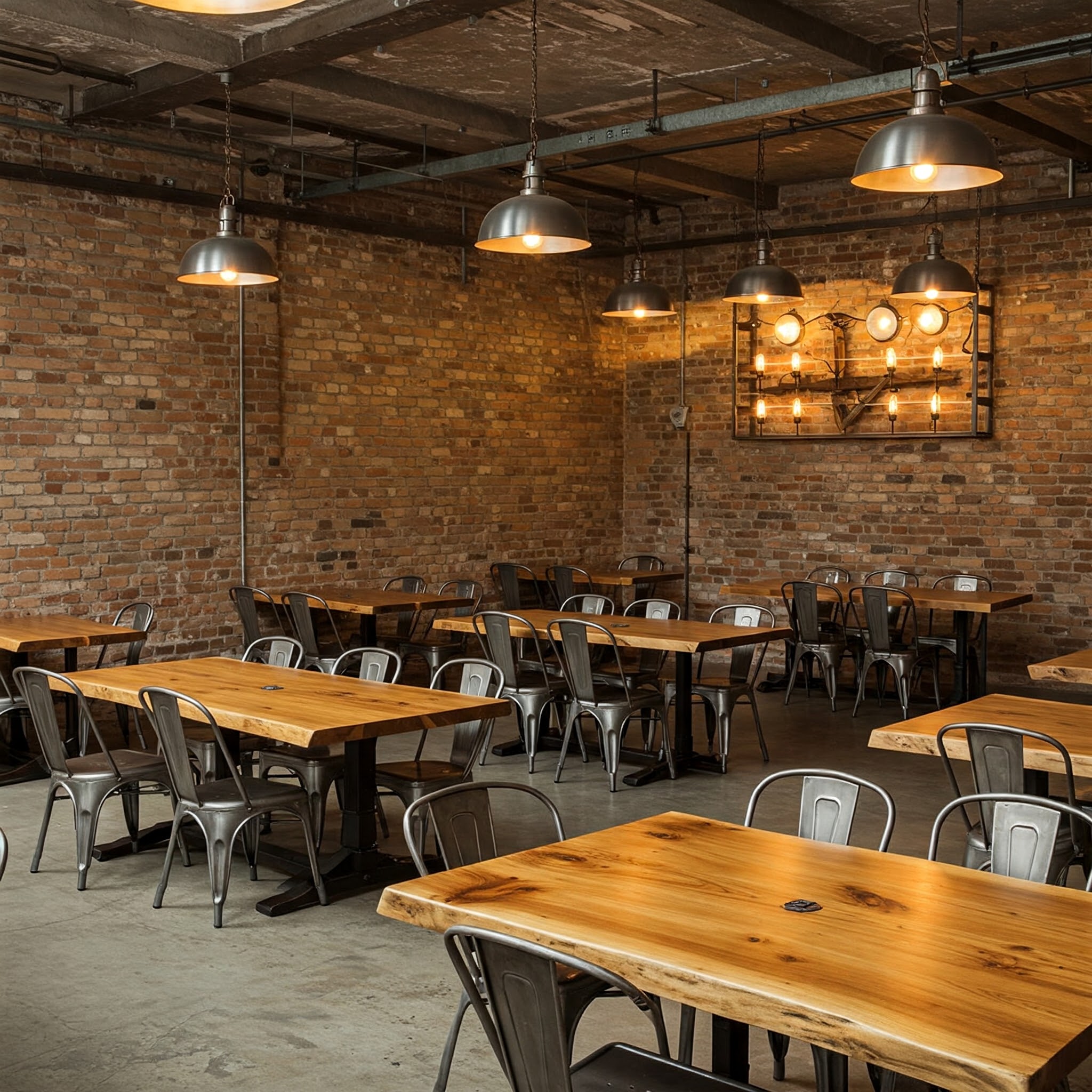 The authentic, rustic-industrial atmosphere of this luxury restaurant is created by bespoke live edge suar tables.
