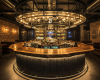 An ultra-luxury industrial bar features a bespoke live edge suar wood top, illuminated with subtle under-lighting.