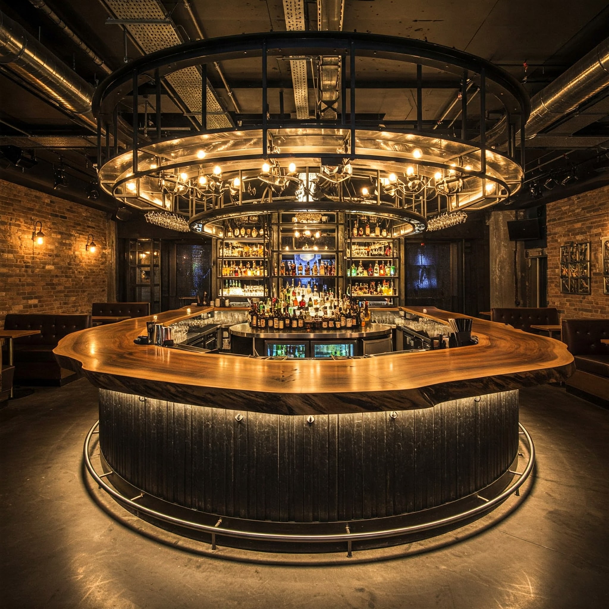 An ultra-luxury industrial bar features a bespoke live edge suar wood top, illuminated with subtle under-lighting.