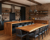 A long, single-piece suar dining table with a highly polished surface and a dramatic, flowing live edge.