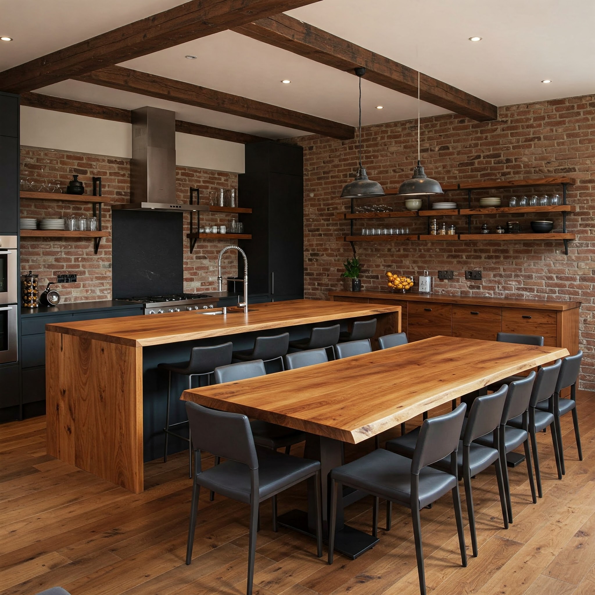 A long, single-piece suar dining table with a highly polished surface and a dramatic, flowing live edge.