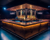 A statement-making square island bar with a thick, polished wood top, designed for a high-end, luxury nightclub.