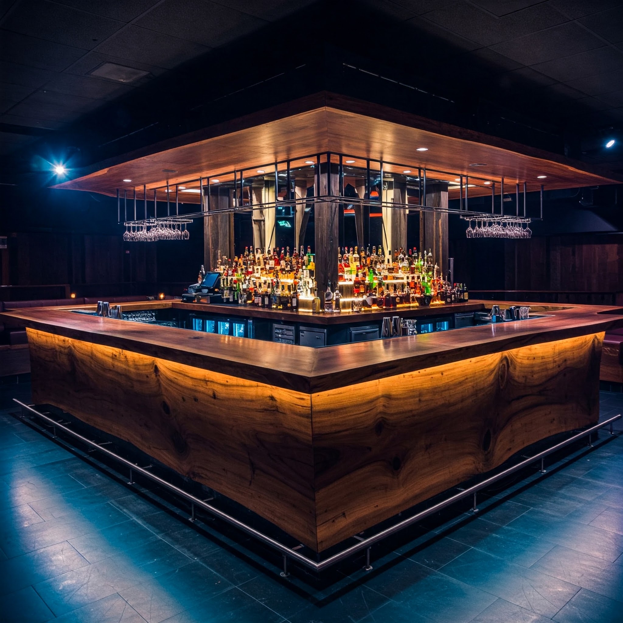 A statement-making square island bar with a thick, polished wood top, designed for a high-end, luxury nightclub.