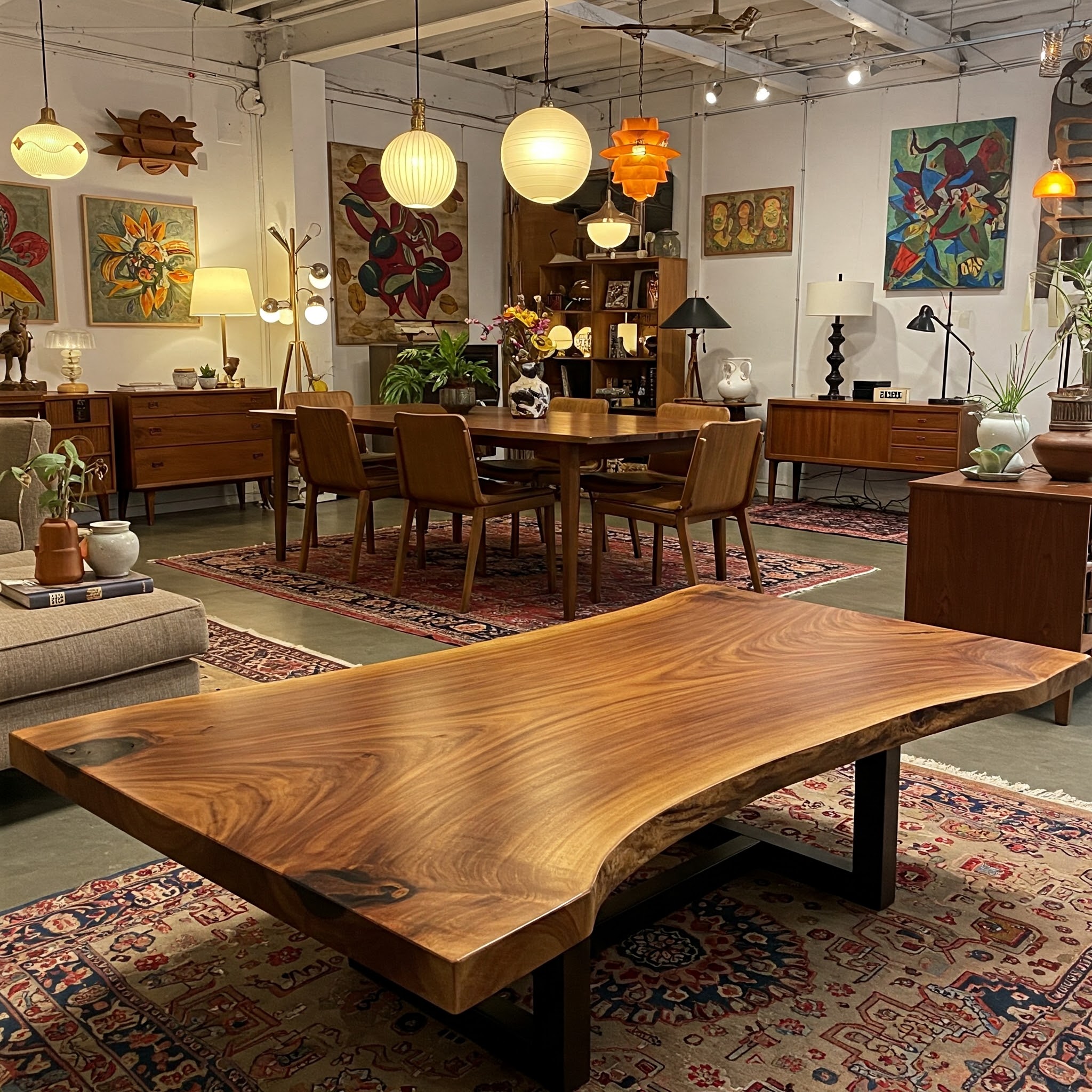 A long, boat-shaped live edge table with a gentle arc, featuring a prominent dark 'island' of grain at one end.