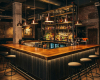 A luxury industrial-chic bar with a U-shaped, solid wood top, set within a bespoke, moody boutique venue.