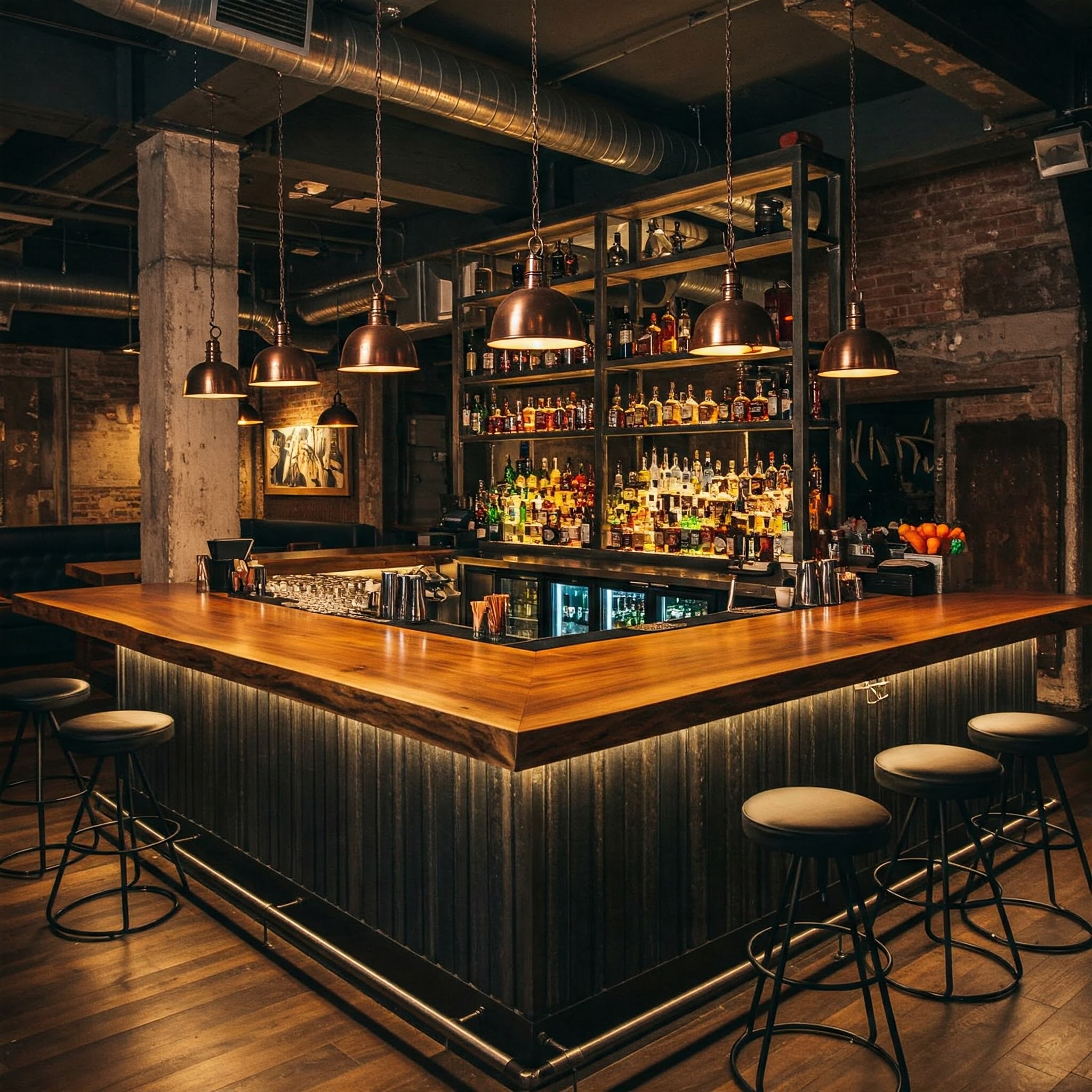 A luxury industrial-chic bar with a U-shaped, solid wood top, set within a bespoke, moody boutique venue.