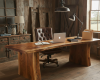 A grand, executive live edge desk with a thick, single-slab top, the centerpiece of a luxury rustic office.