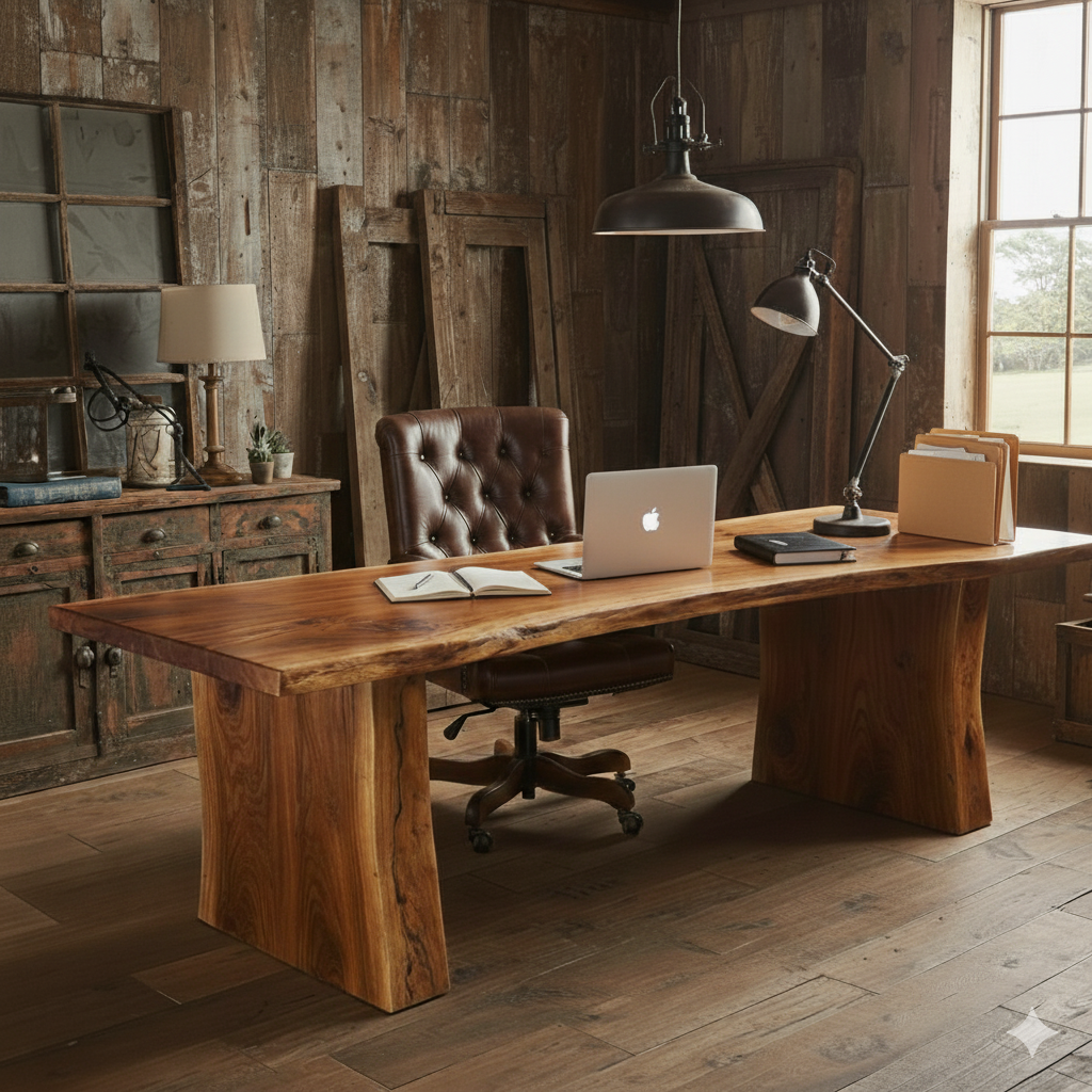 A grand, executive live edge desk with a thick, single-slab top, the centerpiece of a luxury rustic office.