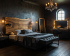 A luxury boutique hotel-style bedroom featuring a live edge bed with a dramatic, one-of-a-kind suar headboard.