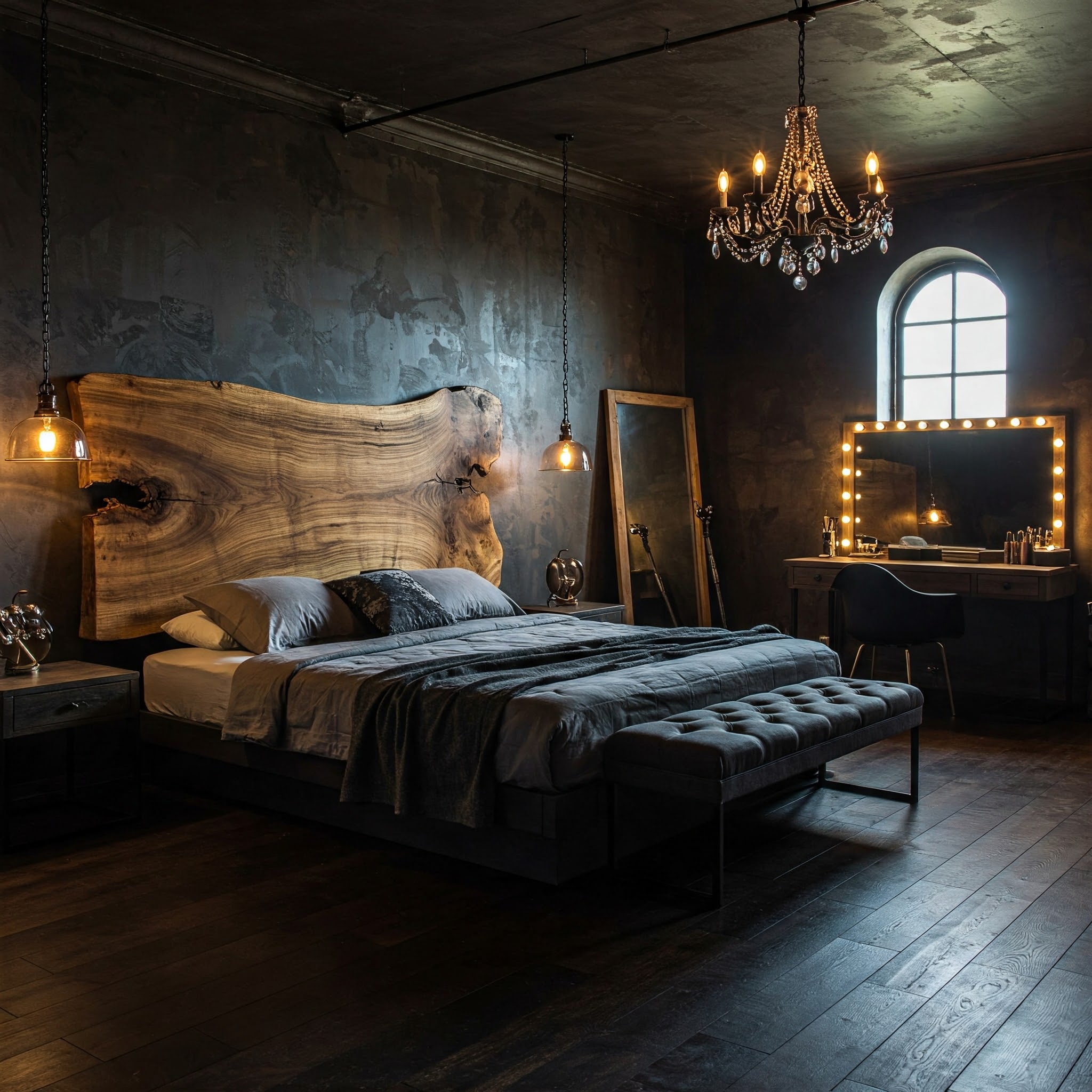 A luxury boutique hotel-style bedroom featuring a live edge bed with a dramatic, one-of-a-kind suar headboard.