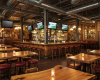 A luxury boutique sports pub featuring one-of-a-kind live edge tables and a classic solid wood central bar.