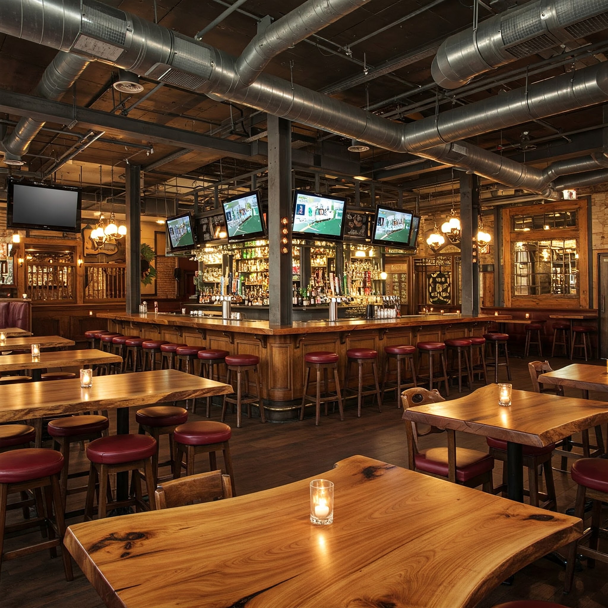 A luxury boutique sports pub featuring one-of-a-kind live edge tables and a classic solid wood central bar.