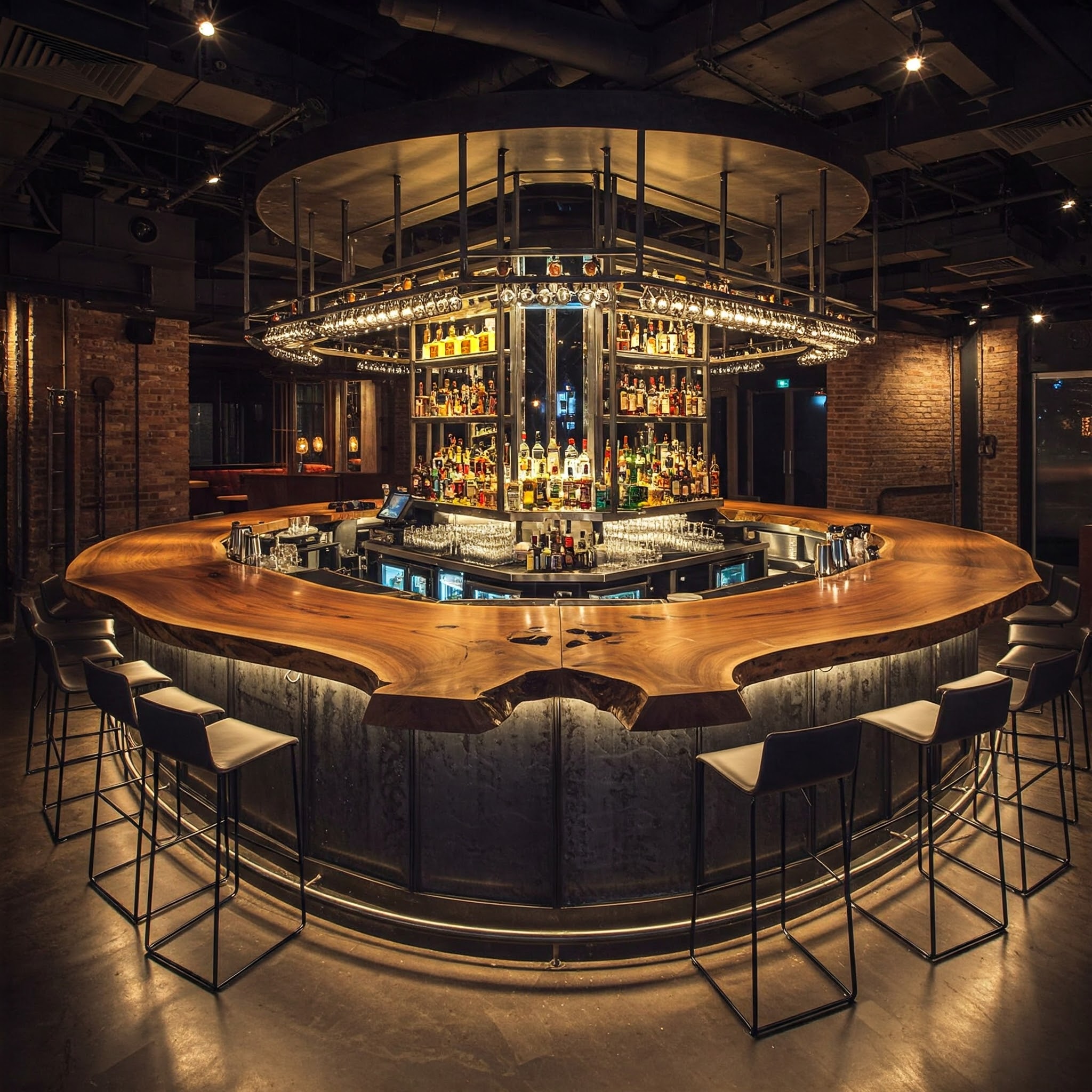 A unique, custom-made circular live edge bar with a rich, swirling suar wood grain is the highlight of this bar.