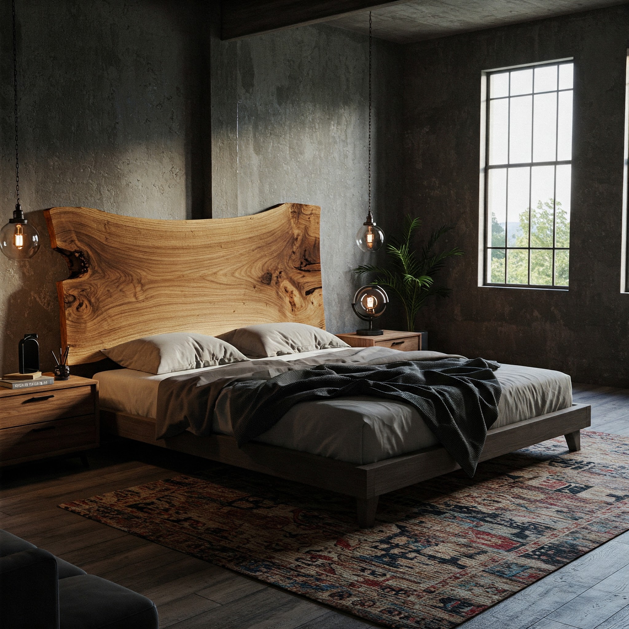 A handcrafted live edge suar wood bed creates a warm focal point in this modern, industrial-style luxury bedroom.