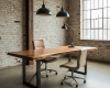A sculptural live edge desk with a warm suar wood slab, the artistic centerpiece of this luxury industrial office.