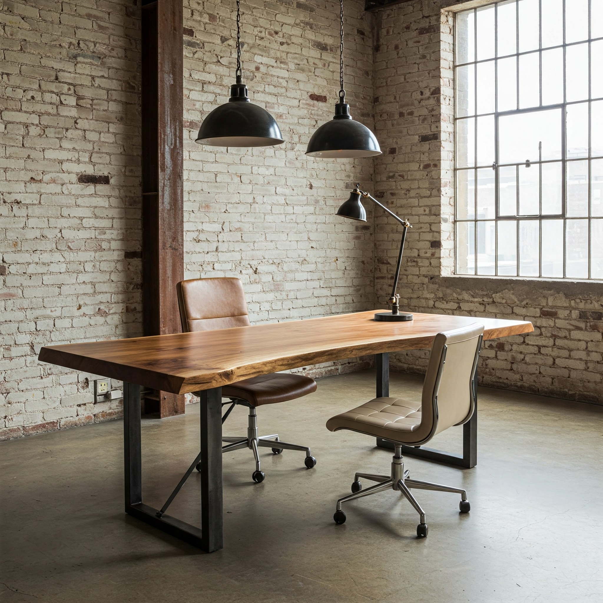 A sculptural live edge desk with a warm suar wood slab, the artistic centerpiece of this luxury industrial office.