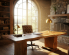 A luxury rustic lodge office's focus is a grand, live edge executive desk with a thick, single-slab suar top.