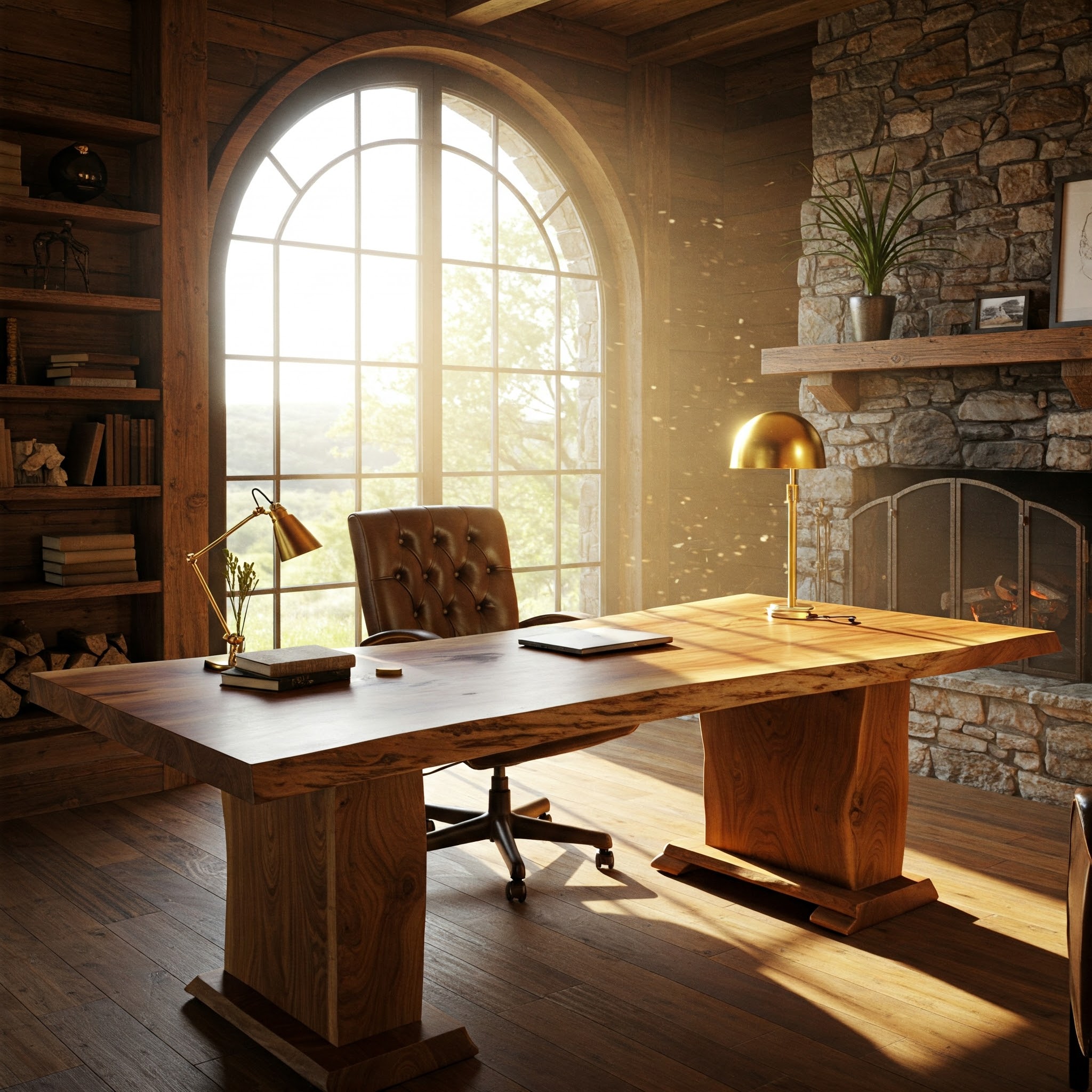 A luxury rustic lodge office's focus is a grand, live edge executive desk with a thick, single-slab suar top.