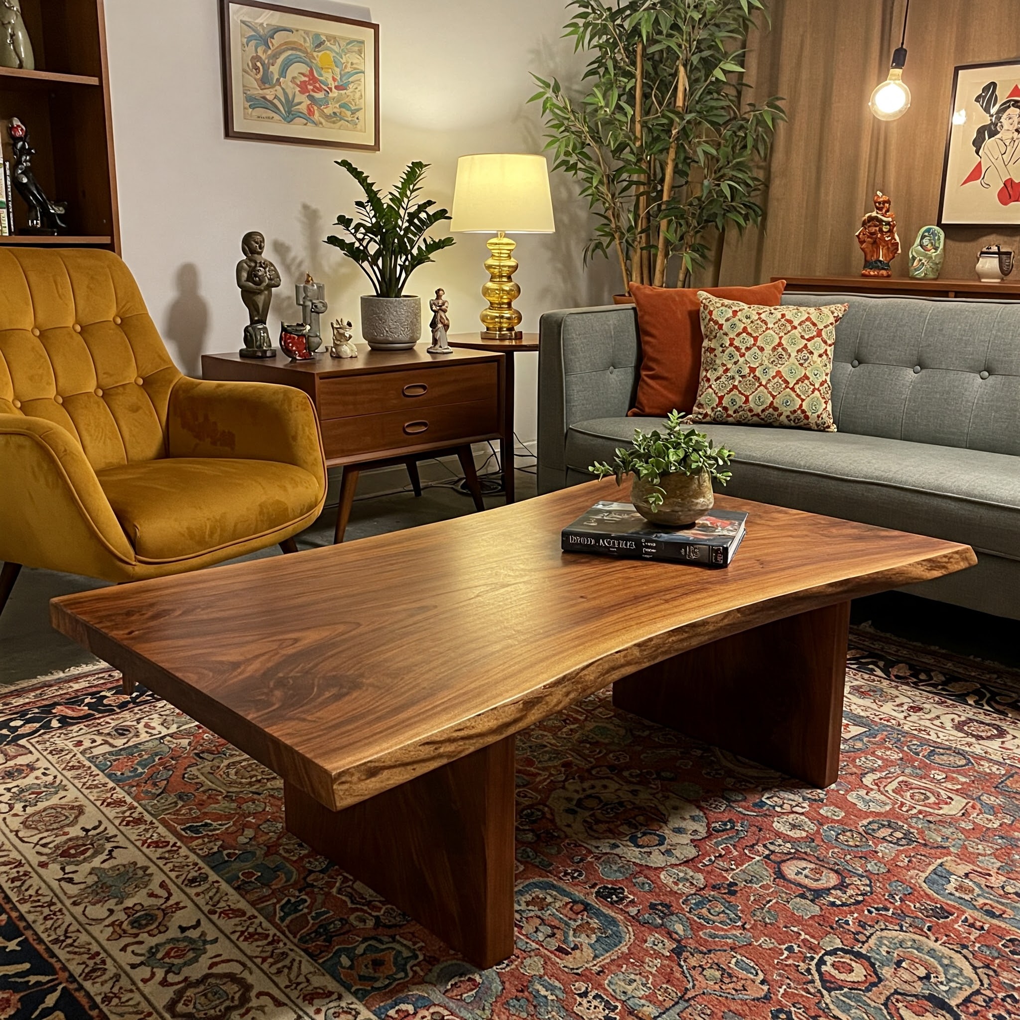 A modern, single-slab suar living room table with a subtle concave curve and a smooth, satin finish.