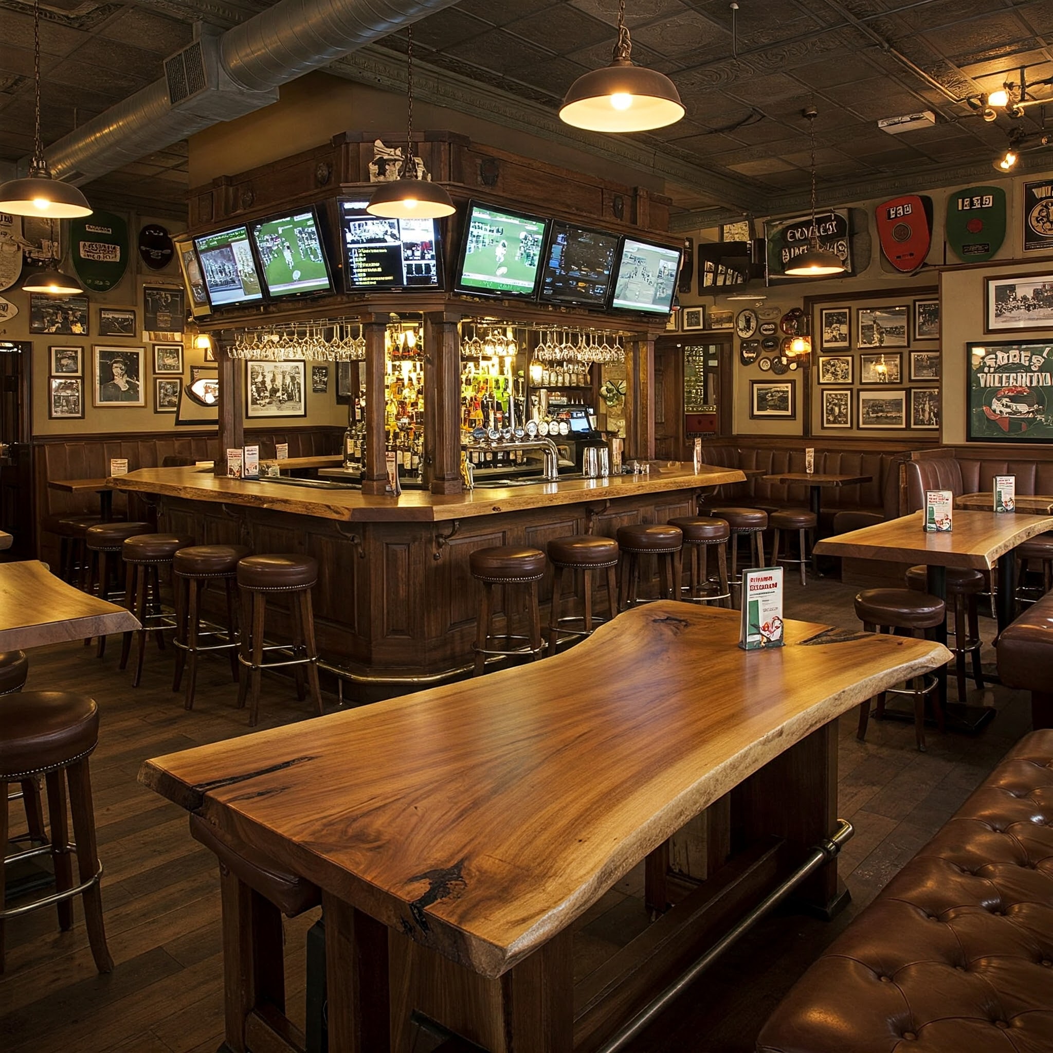 The lively atmosphere of a sports pub is enhanced by a unique live edge table and a classic, memorabilia-filled bar.