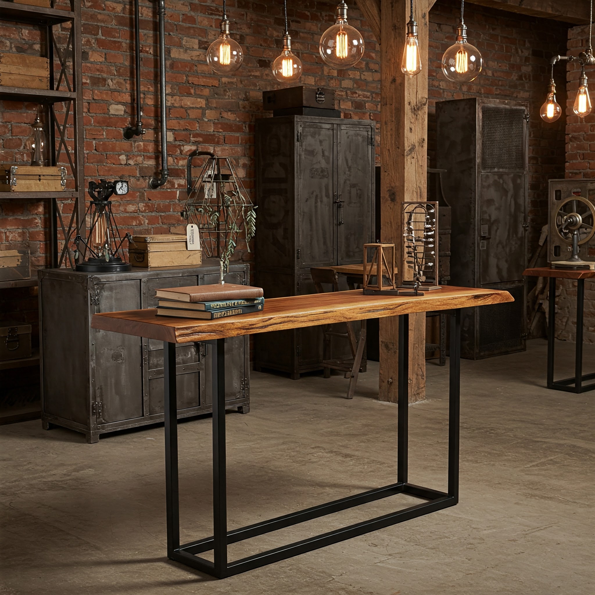 A sleek, live edge console table with a rich, high-contrast wood grain and a smooth, saten finish, ideal for industrial modern decor.