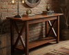 A rustic, farmhouse-style console table with a live-edged profile, a rich, dark wood stain, and a lightly distressed finish.