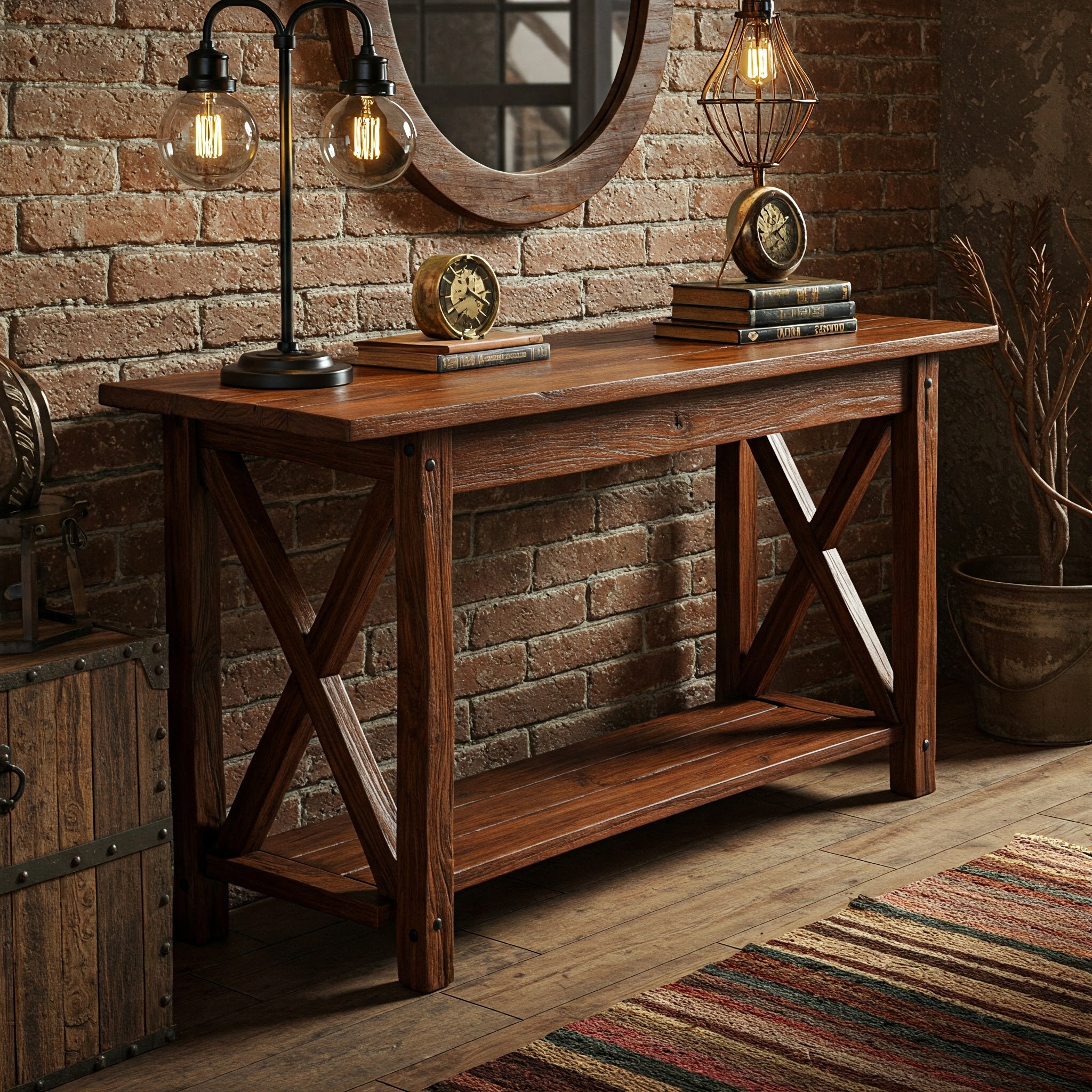 A rustic, farmhouse-style console table with a live-edged profile, a rich, dark wood stain, and a lightly distressed finish.