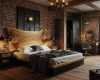 A luxury rustic-industrial bedroom's focus is a statement live edge bed with a golden suar wood headboard.