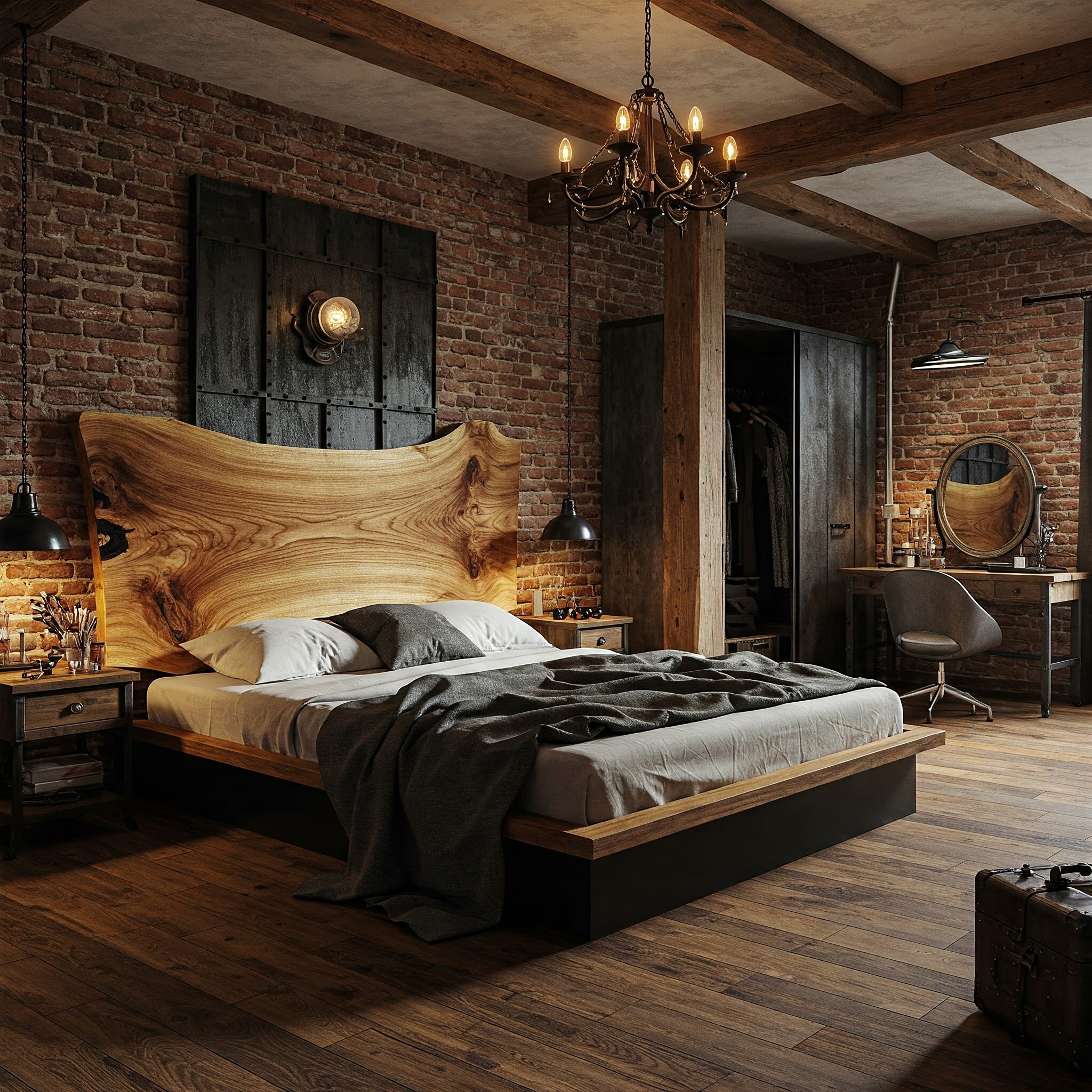 A luxury rustic-industrial bedroom's focus is a statement live edge bed with a golden suar wood headboard.