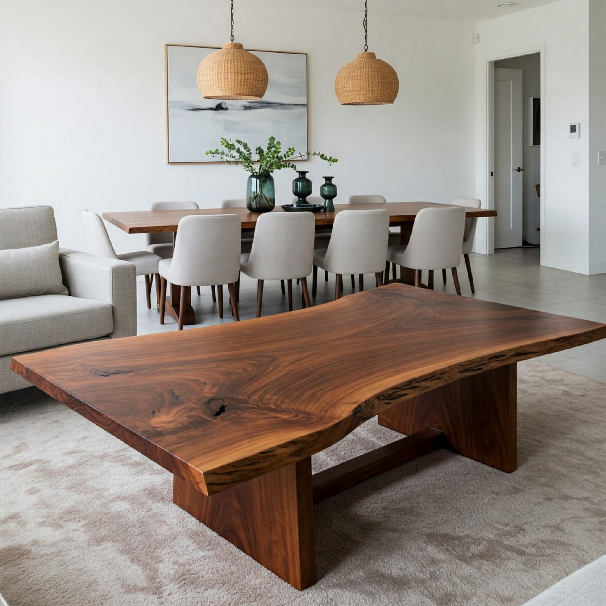 A rectangular live edge suar table with a mesmerizing, topographic grain pattern and a prominent, dark focal-point knot.