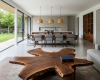 A freeform, starburst-shaped suar living room table with a rich, swirling wood grain and a thick, sculptural profile.