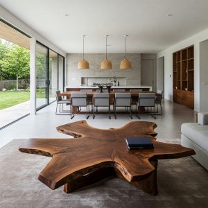A freeform, starburst-shaped suar living room table with a rich, swirling wood grain and a thick, sculptural profile.