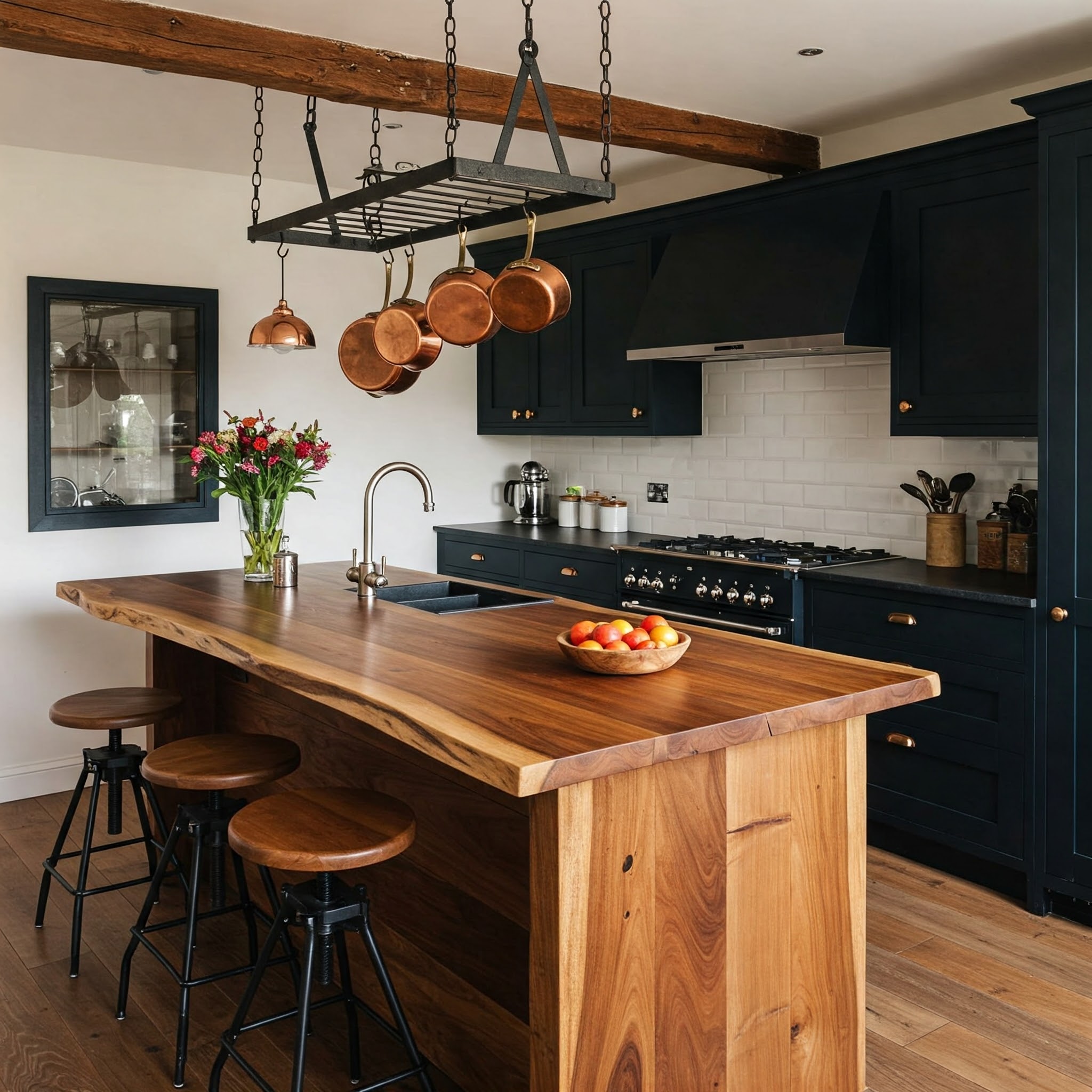 A luxury farmhouse kitchen's focus is a live edge waterfall island with a dramatic, rich suar wood grain.