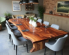 Vibrant, single-slab live edge suar dining tabletop, showcasing deep orange and red wood tones with a smooth finish.